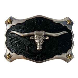 Cody James Longhorn Western Belt Buckle Black Silver Gold Stars